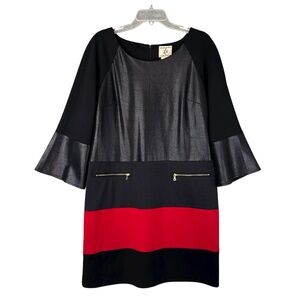 ICE Bell Sleeve Color Block Dress Faux Snakeskin Black Red Size 14